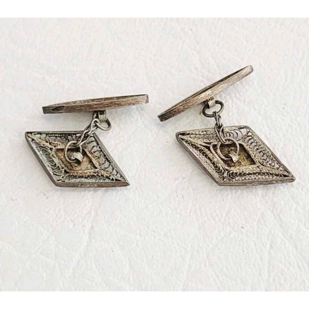 Vintage Cufflinks Filigree Diamond Shape Sterling silver 1